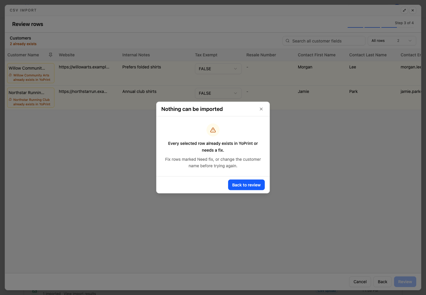 The message when no customer rows remain to import