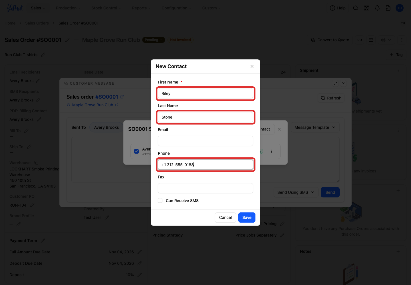 Name and mobile number for a new contact