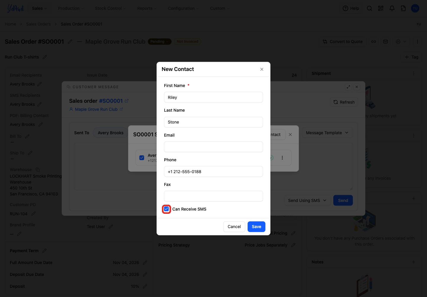 Enable SMS for the new contact