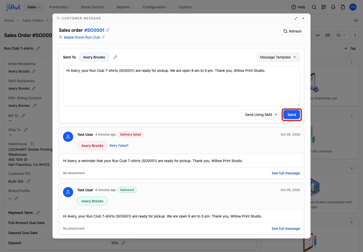 Send button with the SMS prepared