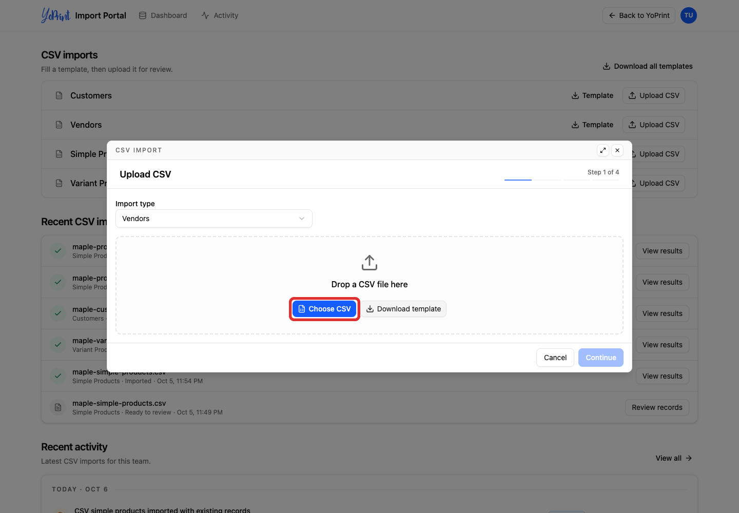 Choose a vendor CSV file