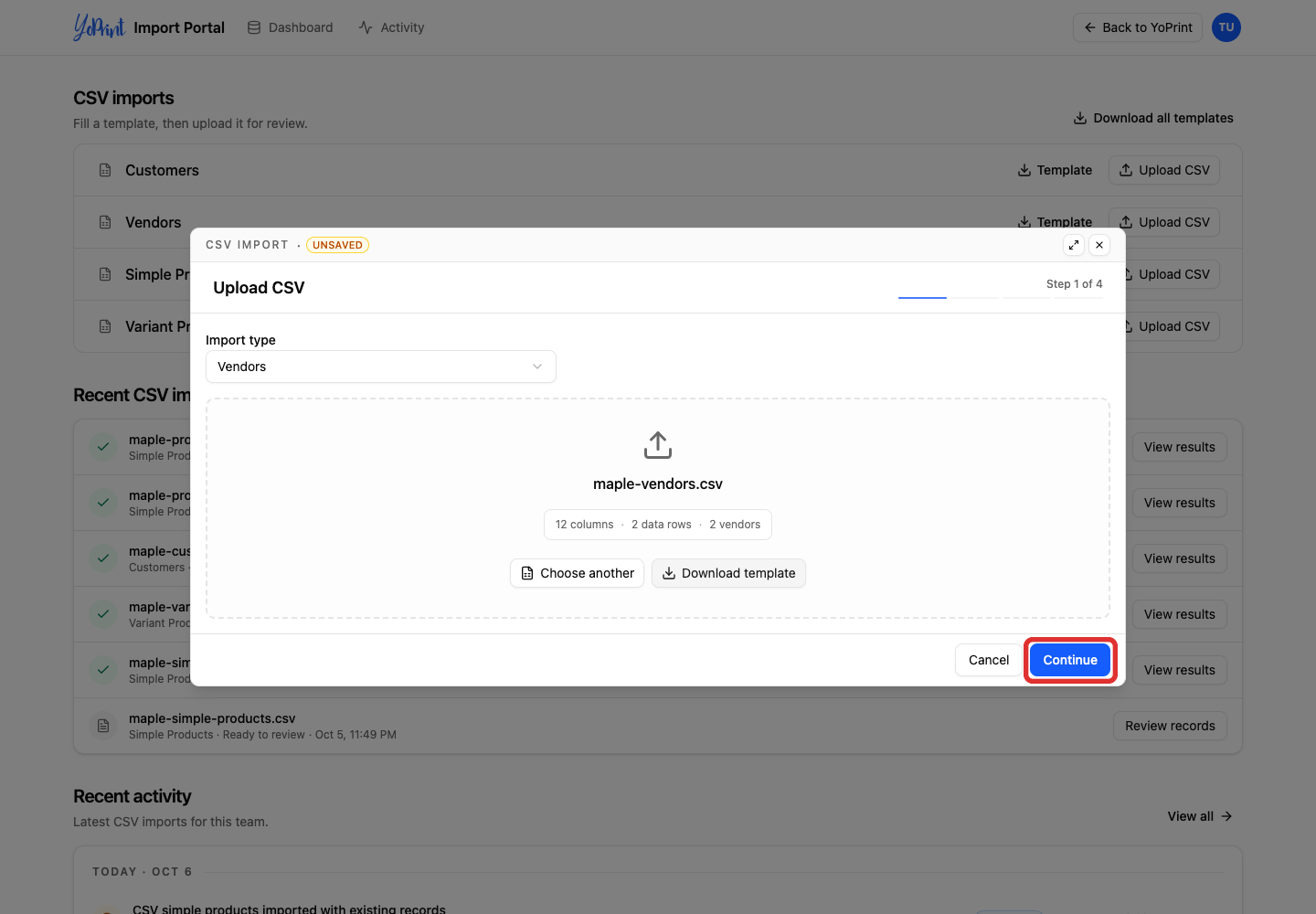 Continue with two vendors in the file