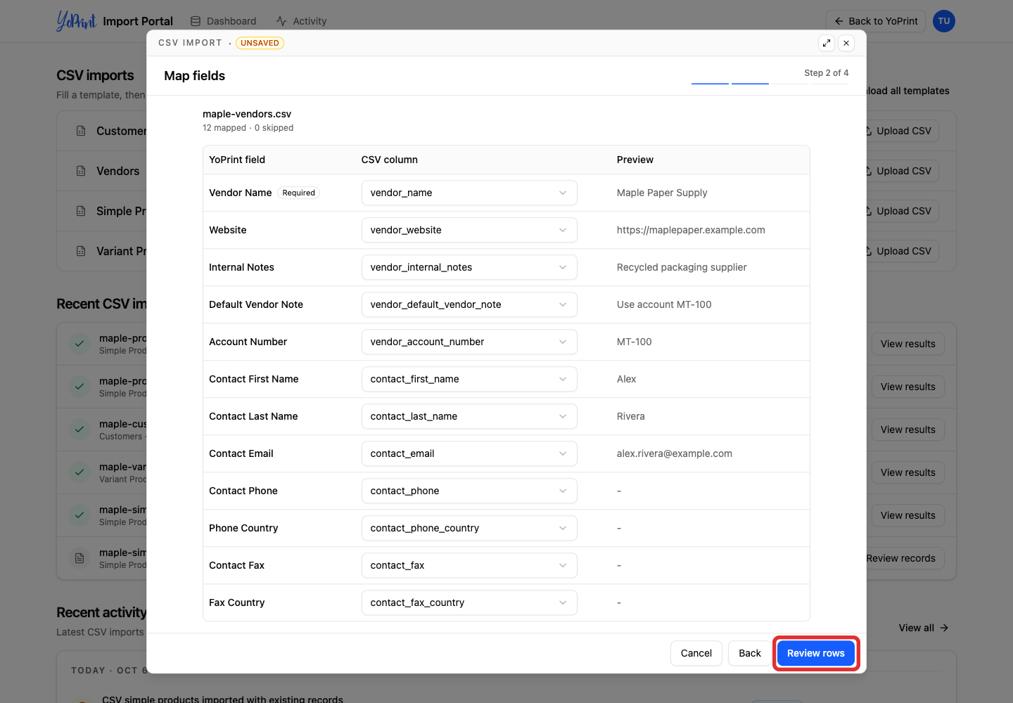 Review the mapped vendor columns