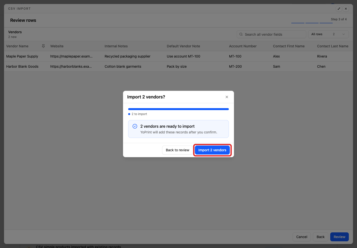Confirm the vendor import