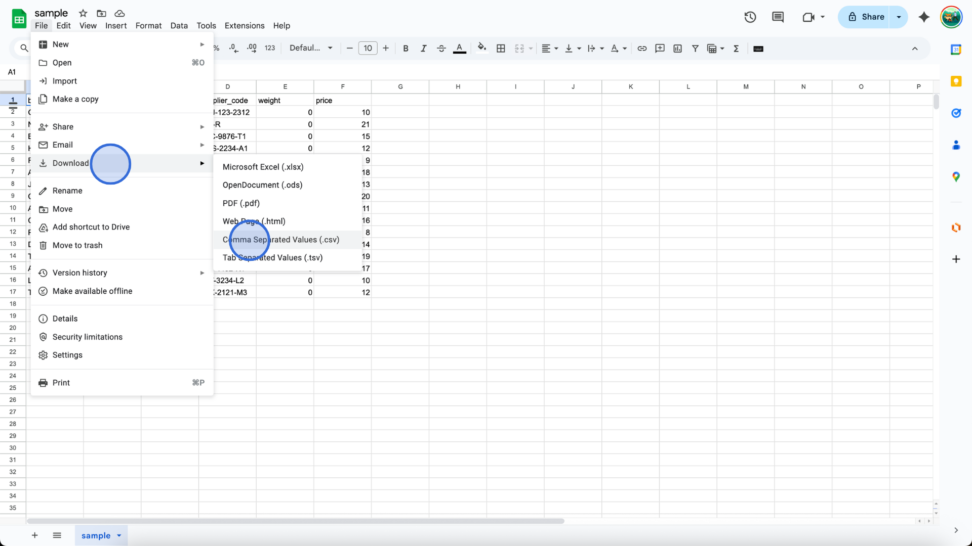 Choose the CSV download in Google Sheets