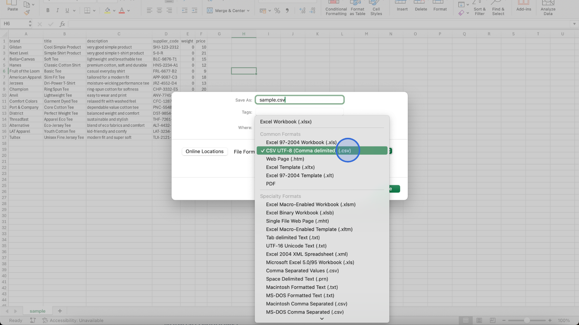 Select the UTF-8 CSV format in Excel for Mac