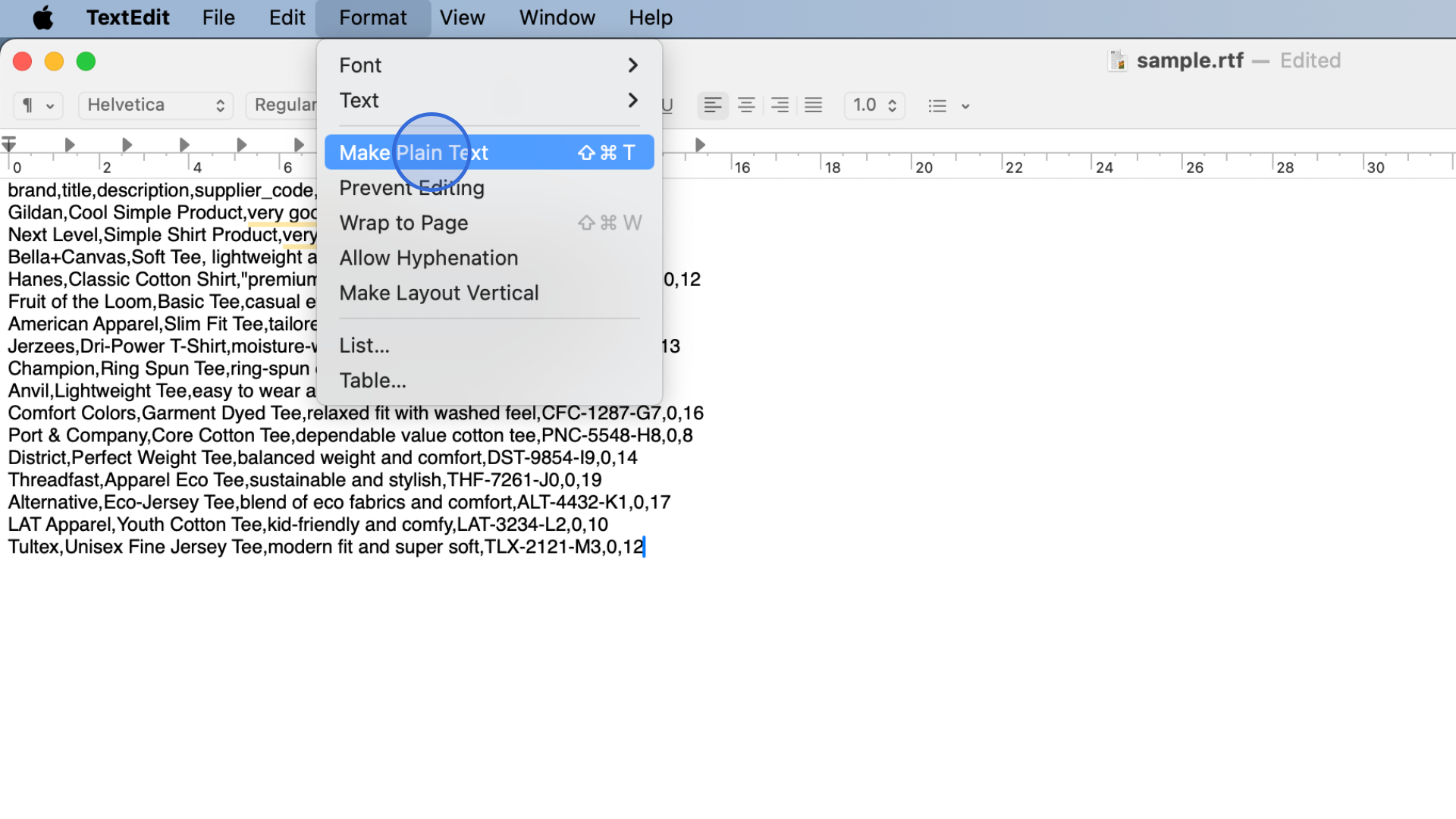 Convert the document to plain text in TextEdit