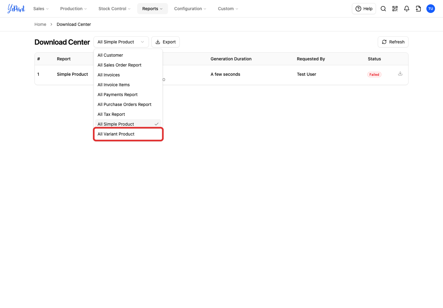 Choose the product export type