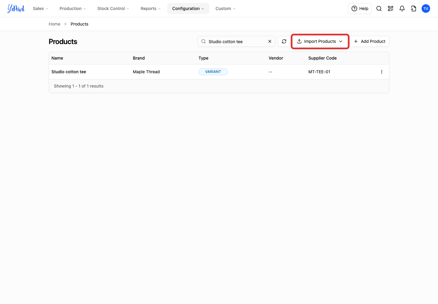 Open the product-import menu
