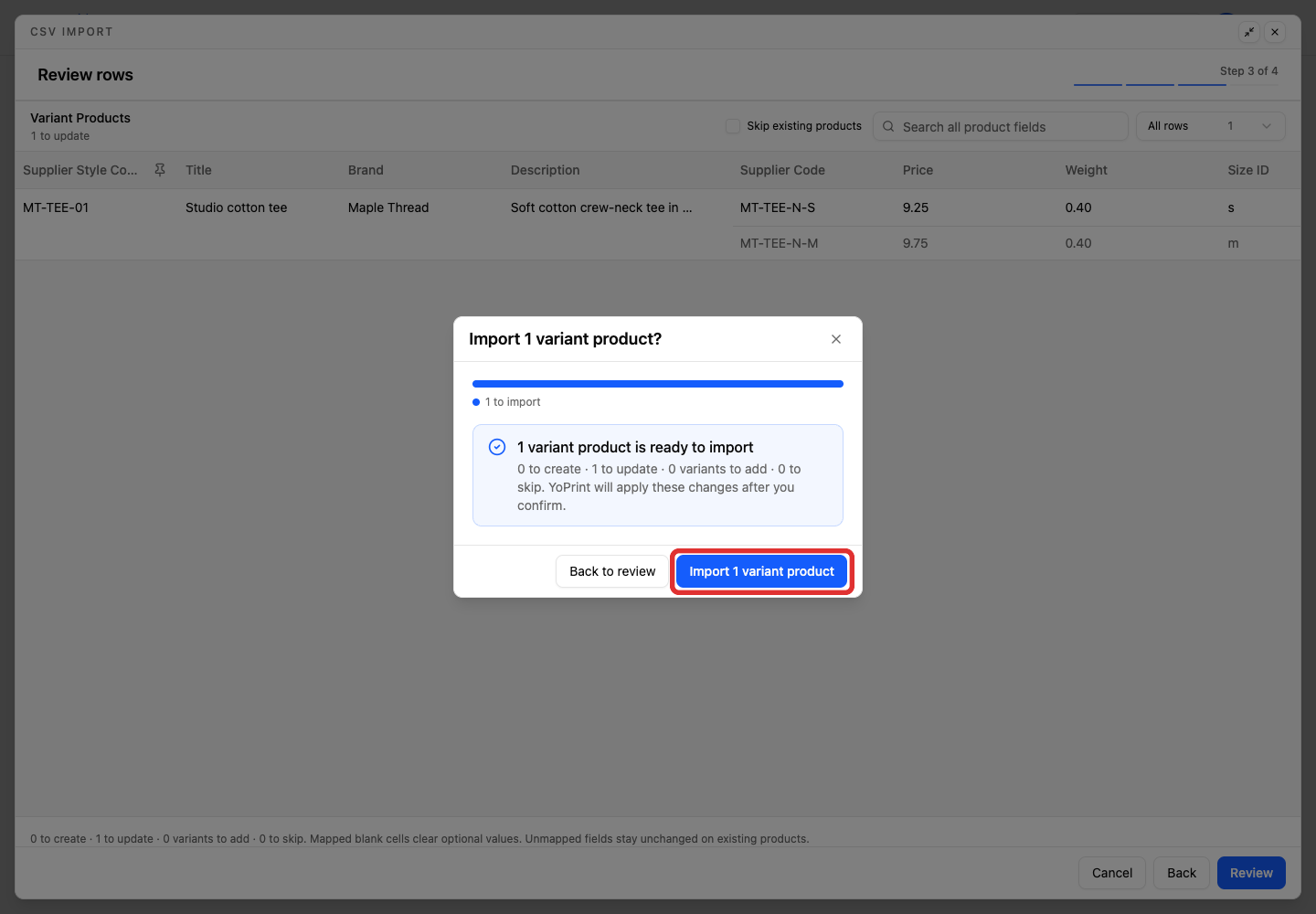 Confirm the update to one variant product