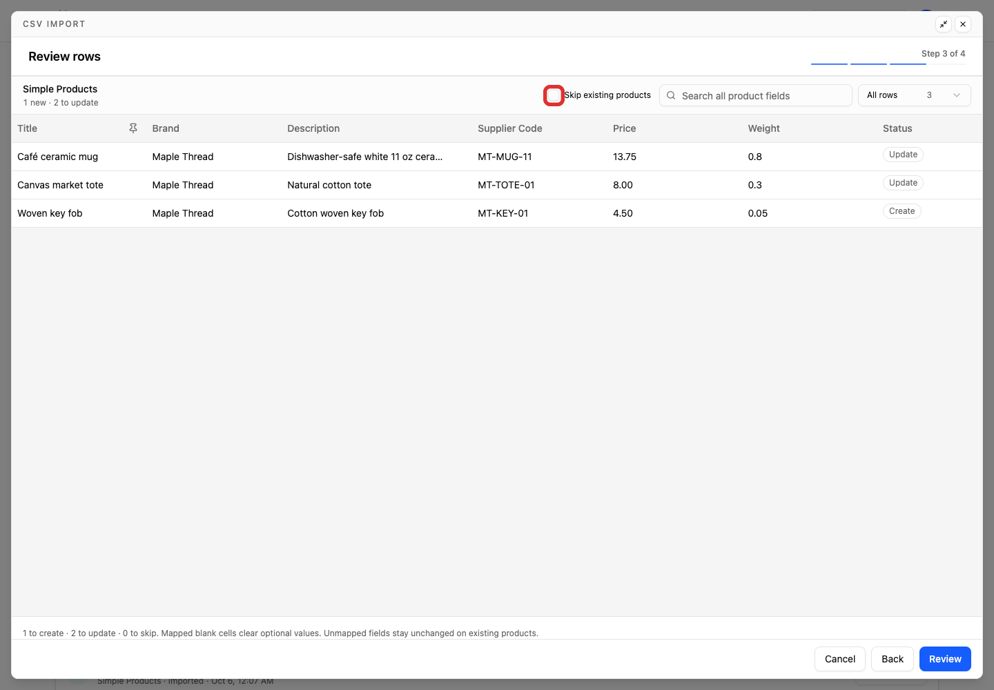Skip the existing products in a mixed file