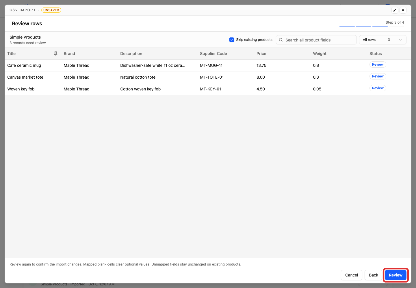 Review a file containing new and existing products