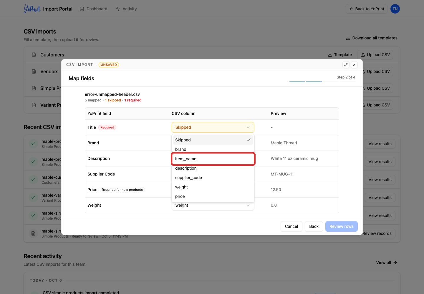Map the item_name CSV column to Title