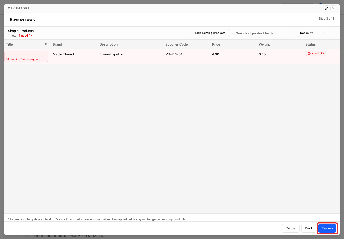 Review a file with one ready product and one row needing a fix