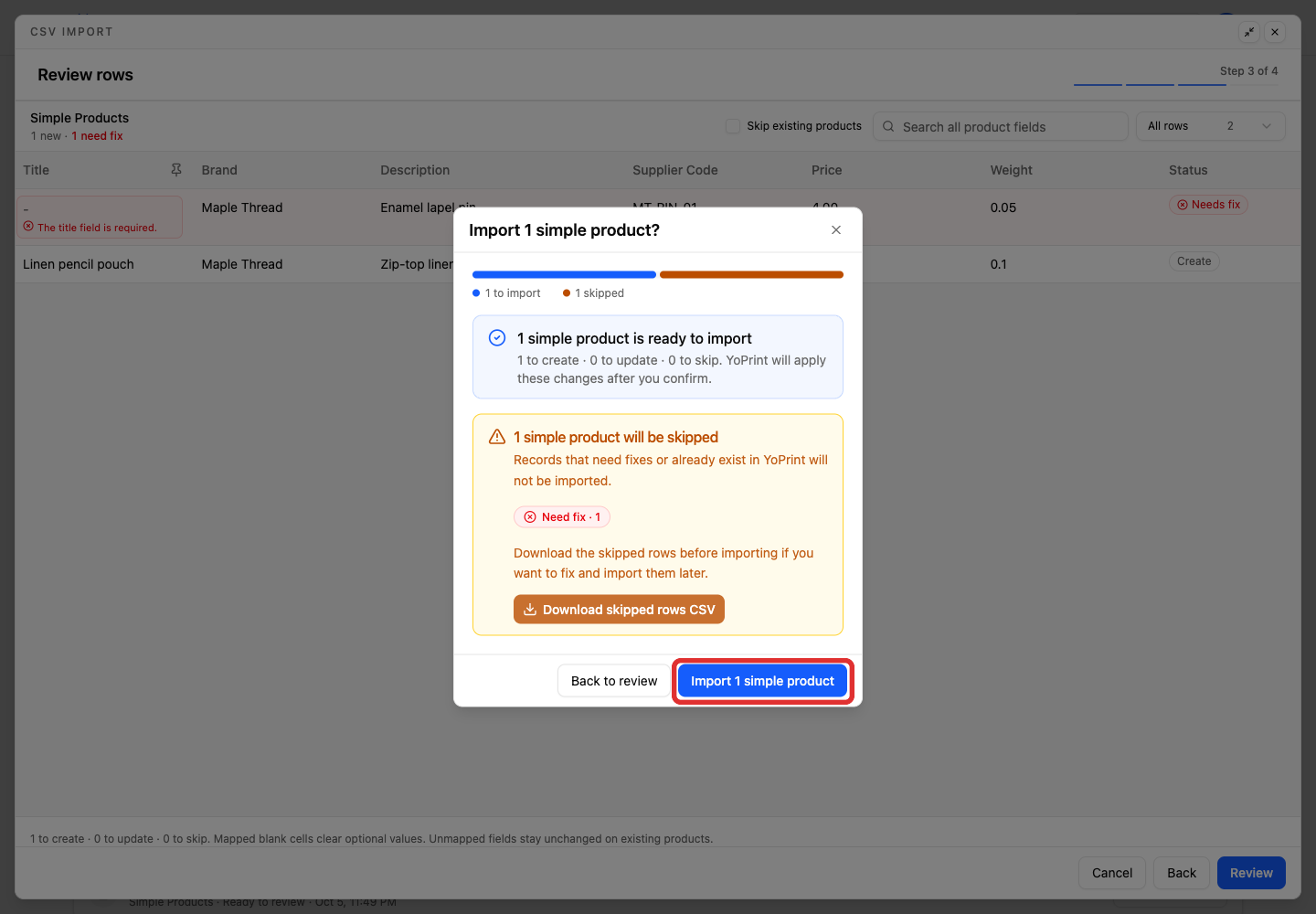 Import the valid product while skipping the row with no title