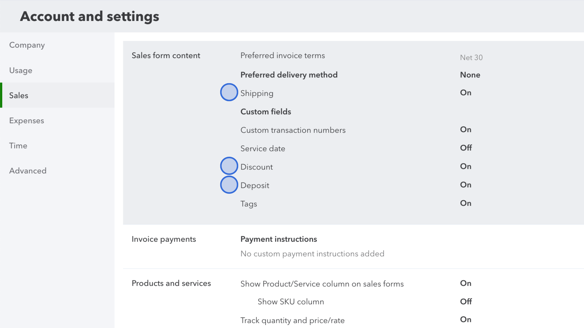 QuickBooks Sales form content with Shipping, Discount and Deposit on