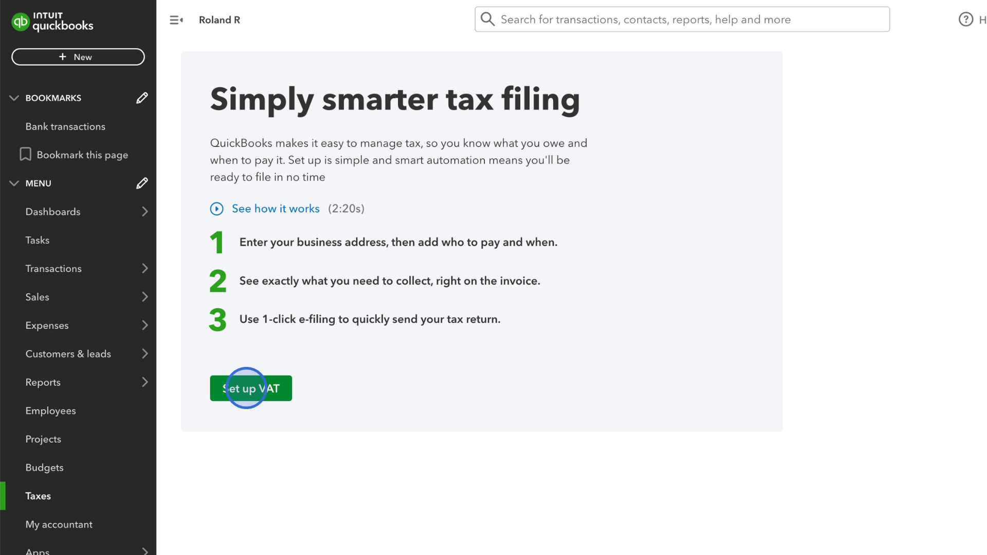 QuickBooks tax setup with Set up VAT