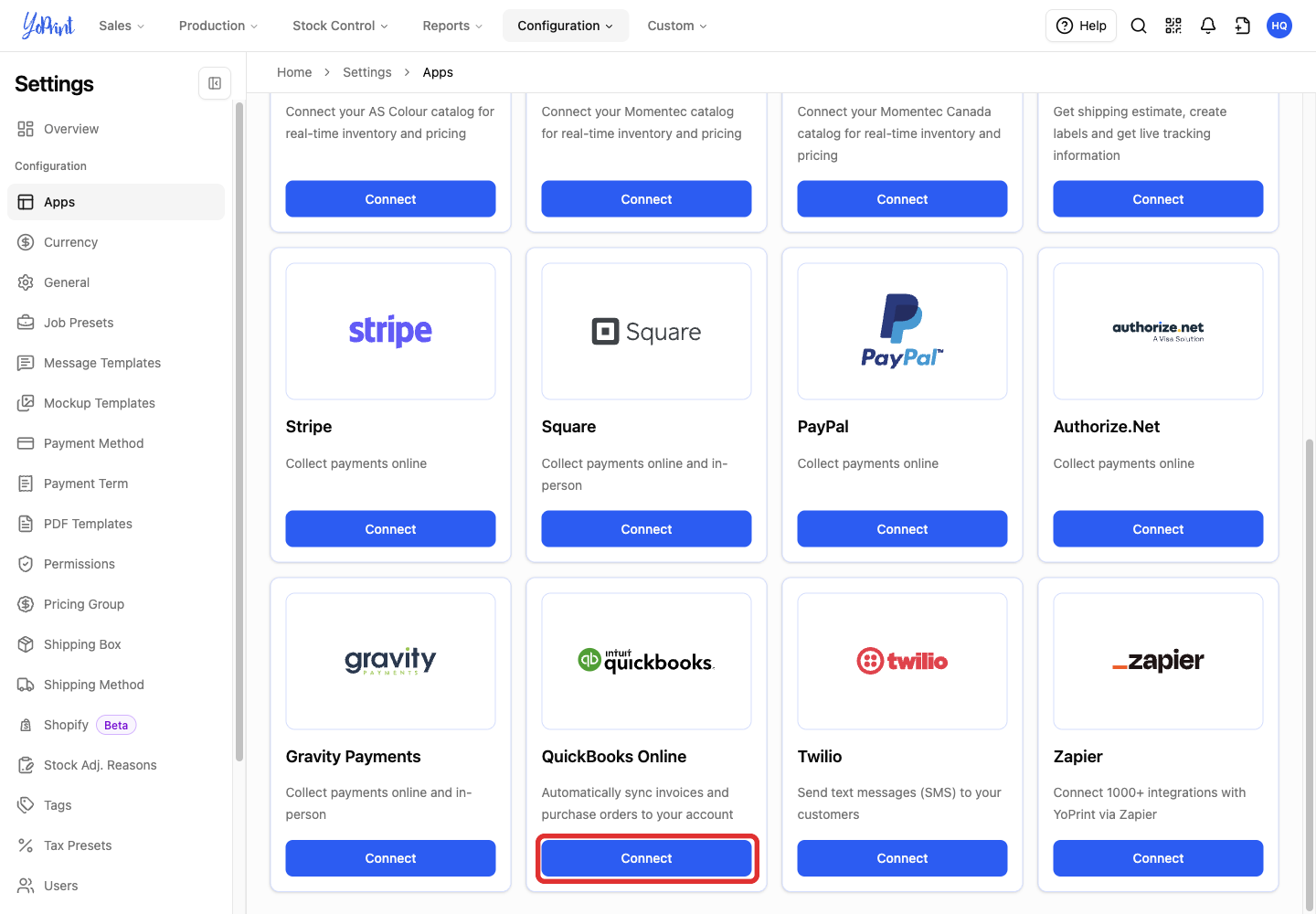 Connect on the QuickBooks Online card