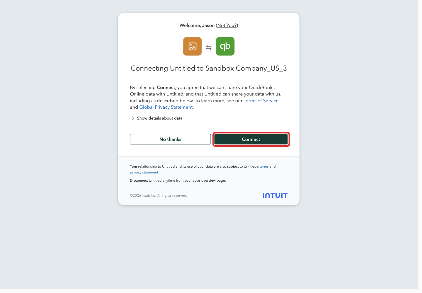 Intuit consent screen and Connect button