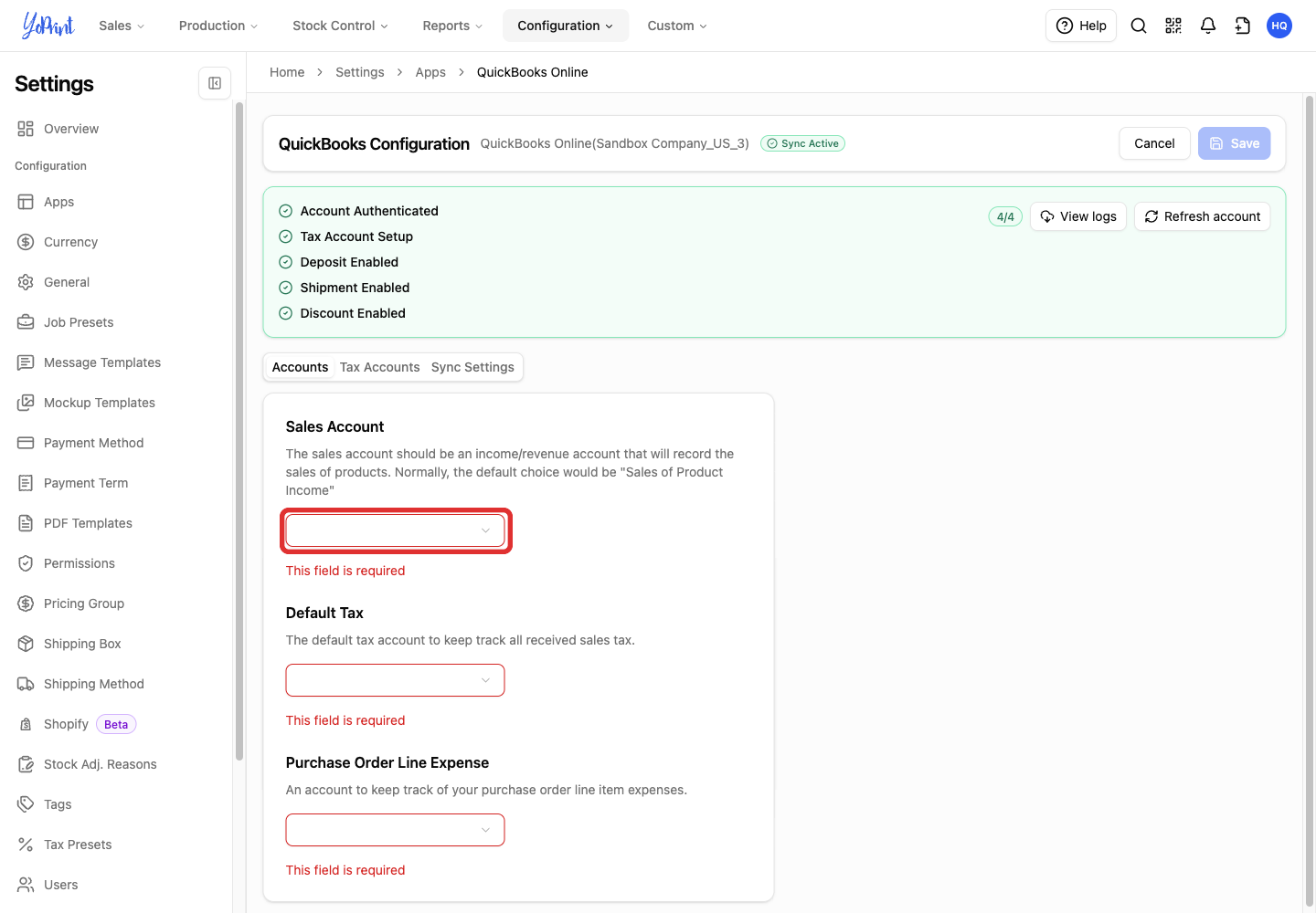 Sales Account selector