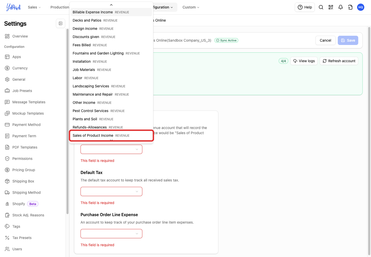 Sales of Product Income in the account list