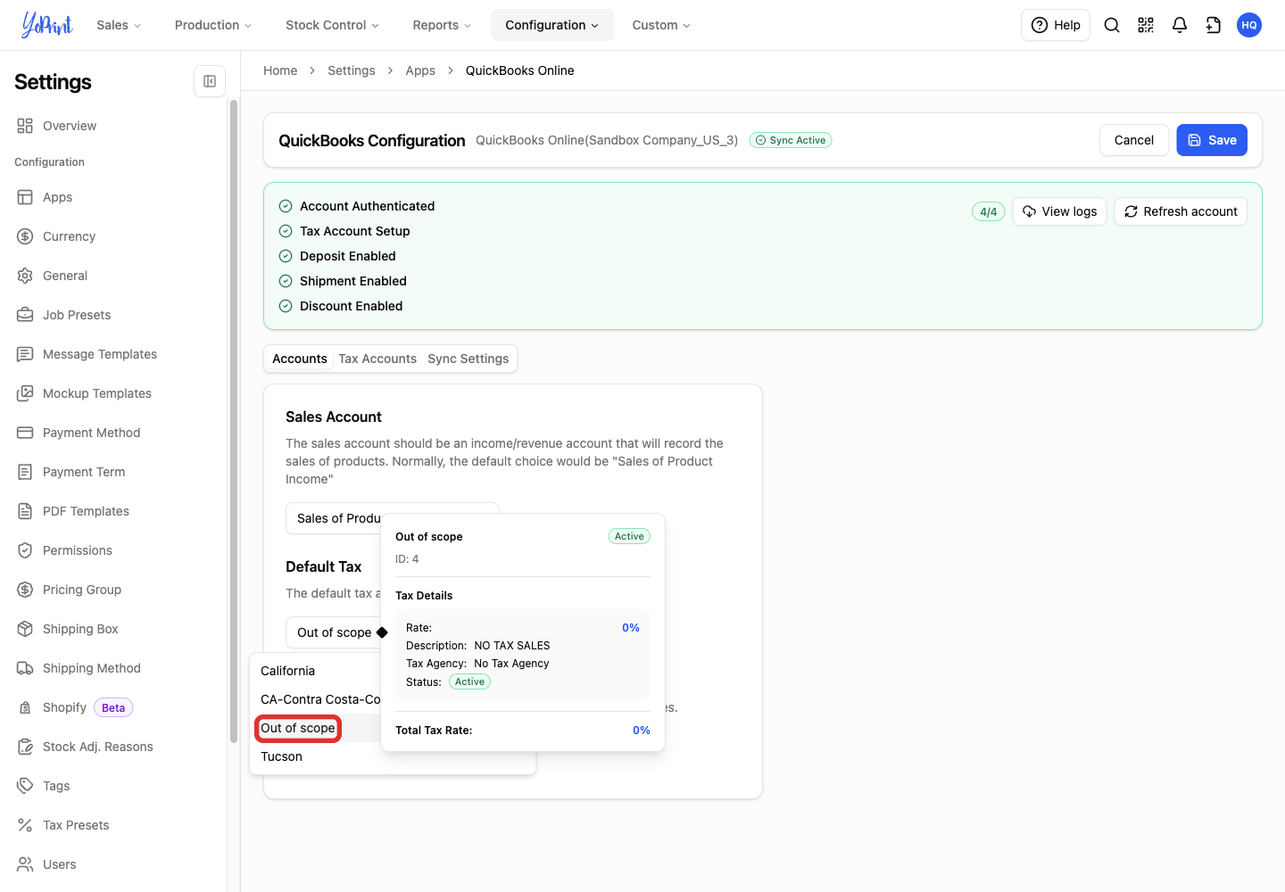 Choosing a default QuickBooks tax
