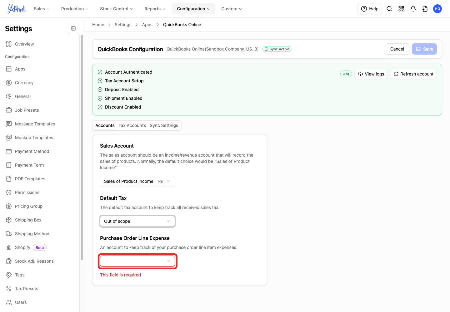 Purchase Order Line Expense selector