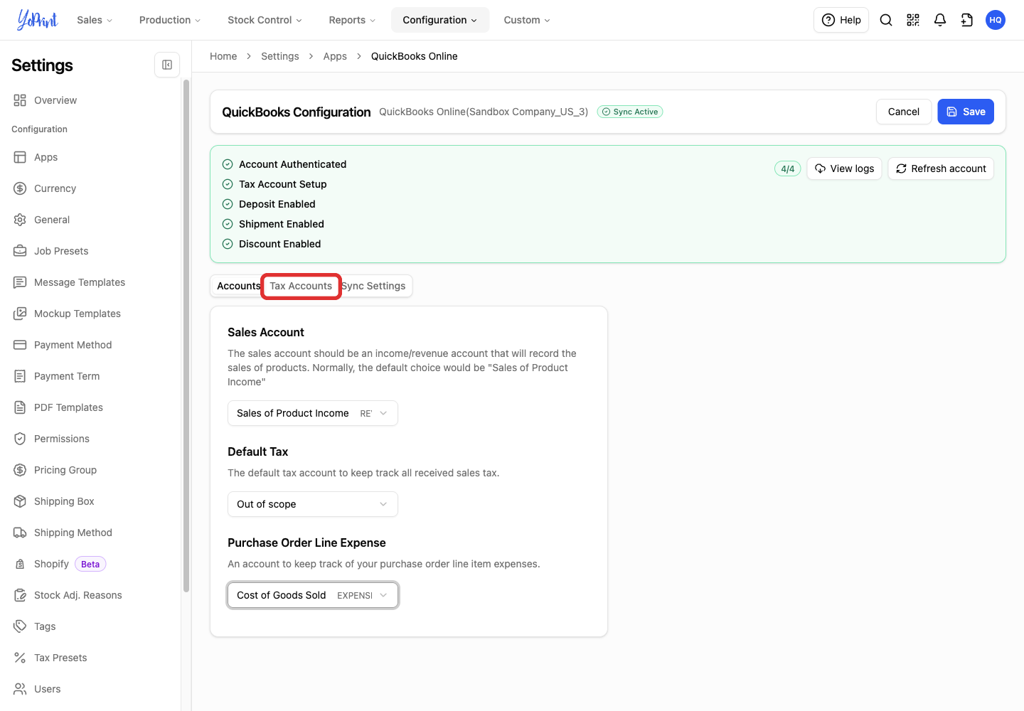 Tax Accounts tab