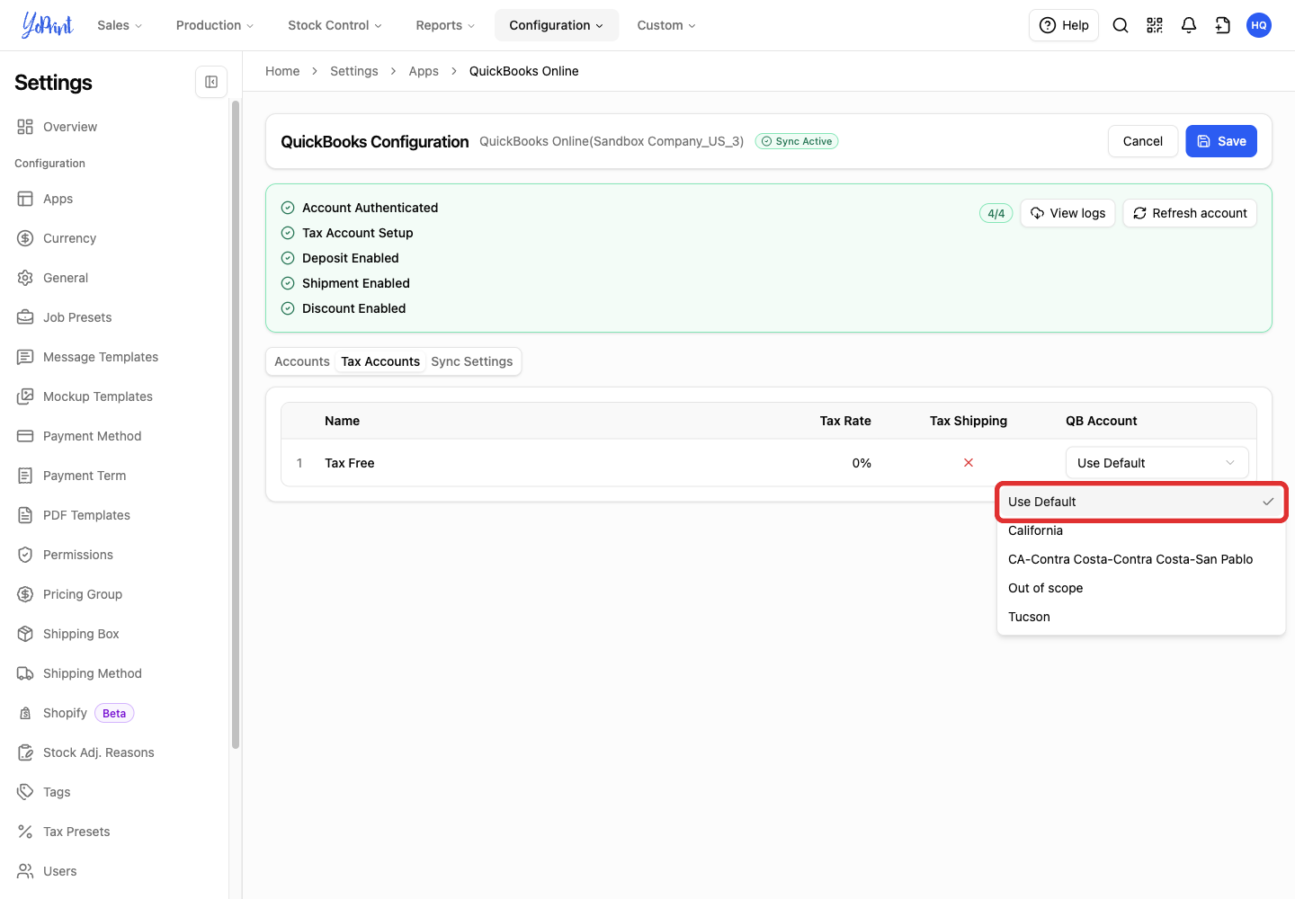Use Default and the QuickBooks tax choices