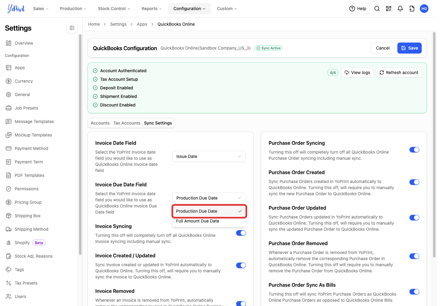 Invoice due date choices