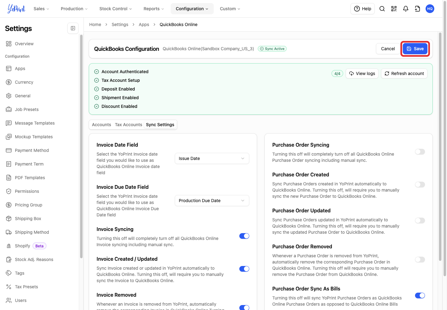 Save the QuickBooks configuration