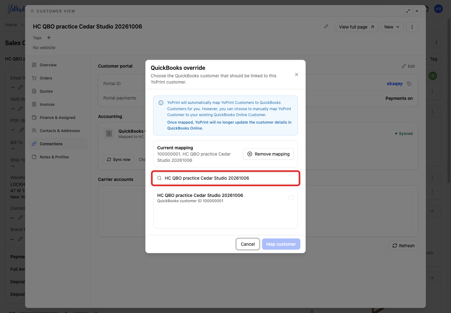 Search in the QuickBooks override dialog