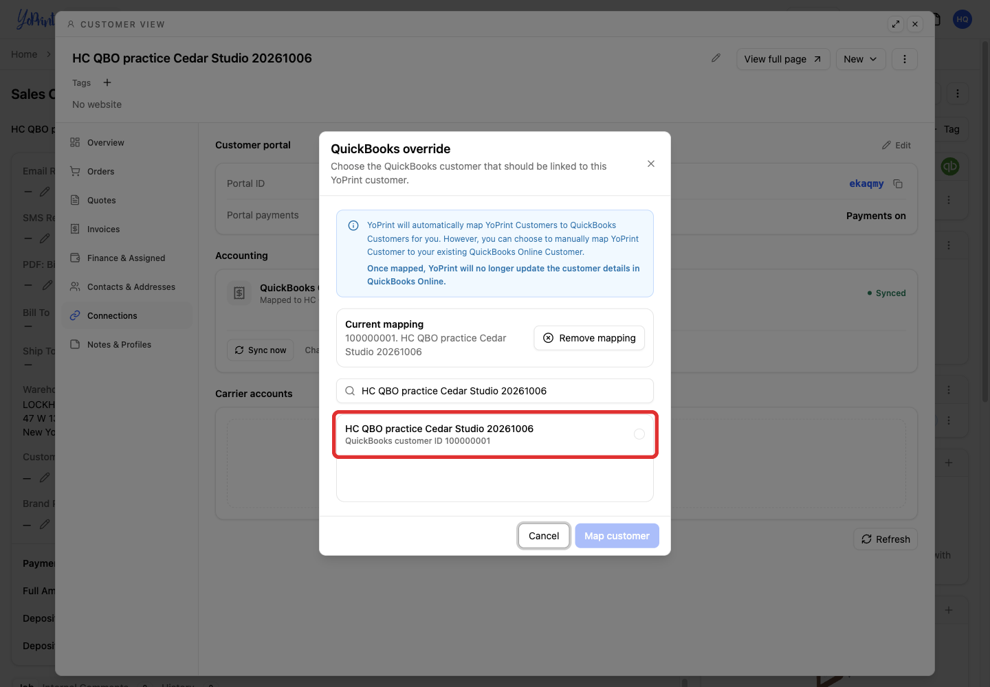 Select the matching QuickBooks customer