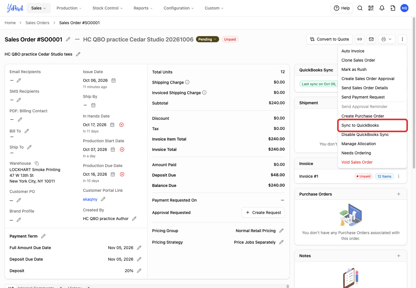 Sync to QuickBooks in Quick Actions