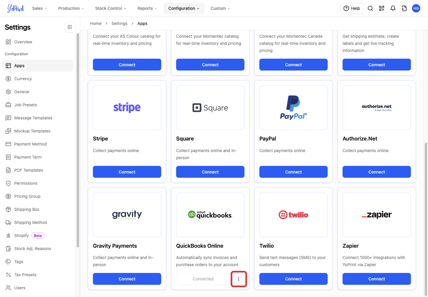 QuickBooks Online card menu