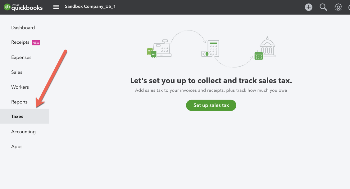 QuickBooks tax area and its setup prompt