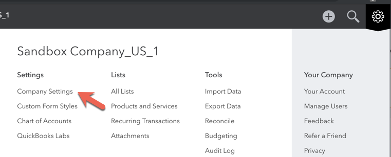QuickBooks settings menu and Company Settings