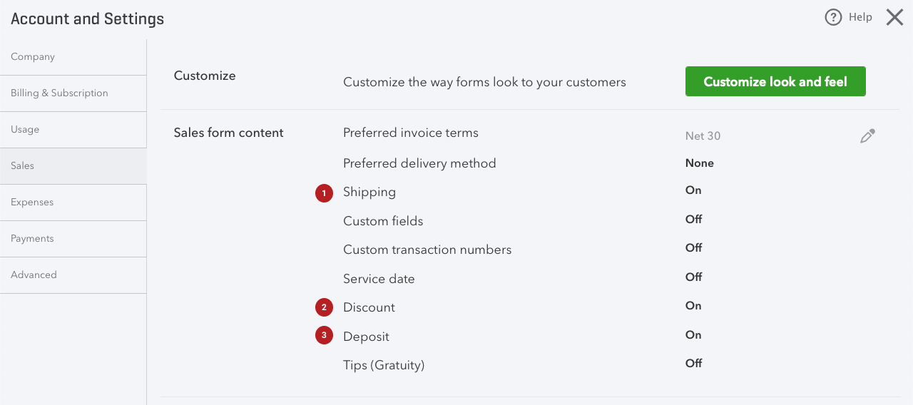 Shipping, Discount and Deposit in Sales form content