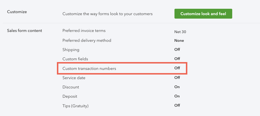Custom transaction numbers off in QuickBooks sales settings