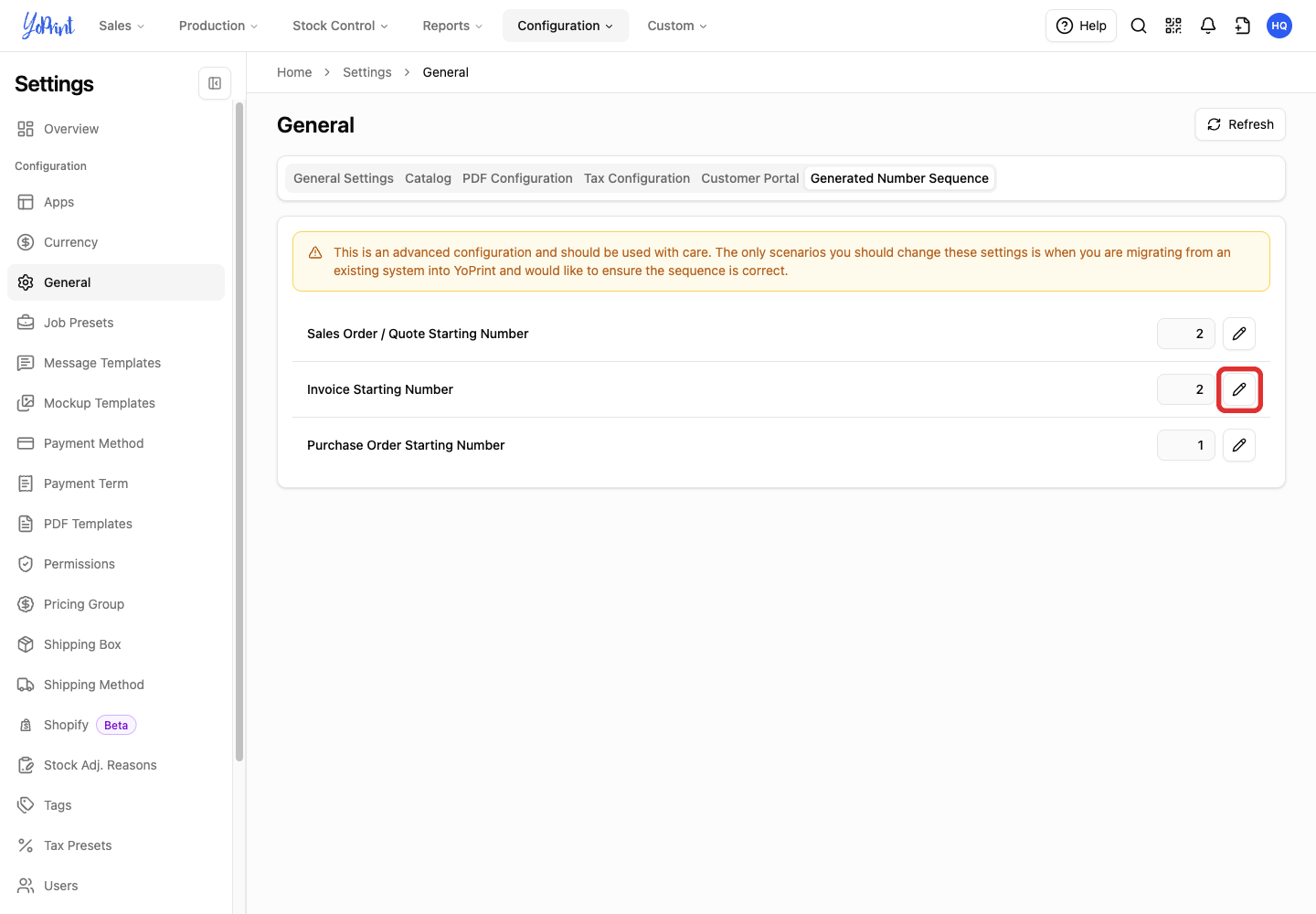 Edit Invoice Starting Number