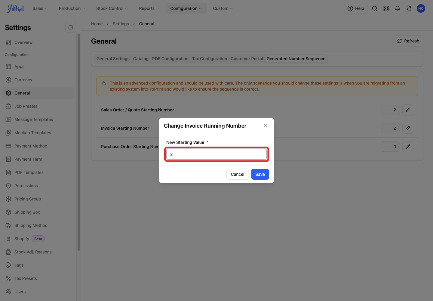 New Starting Value for invoice numbers