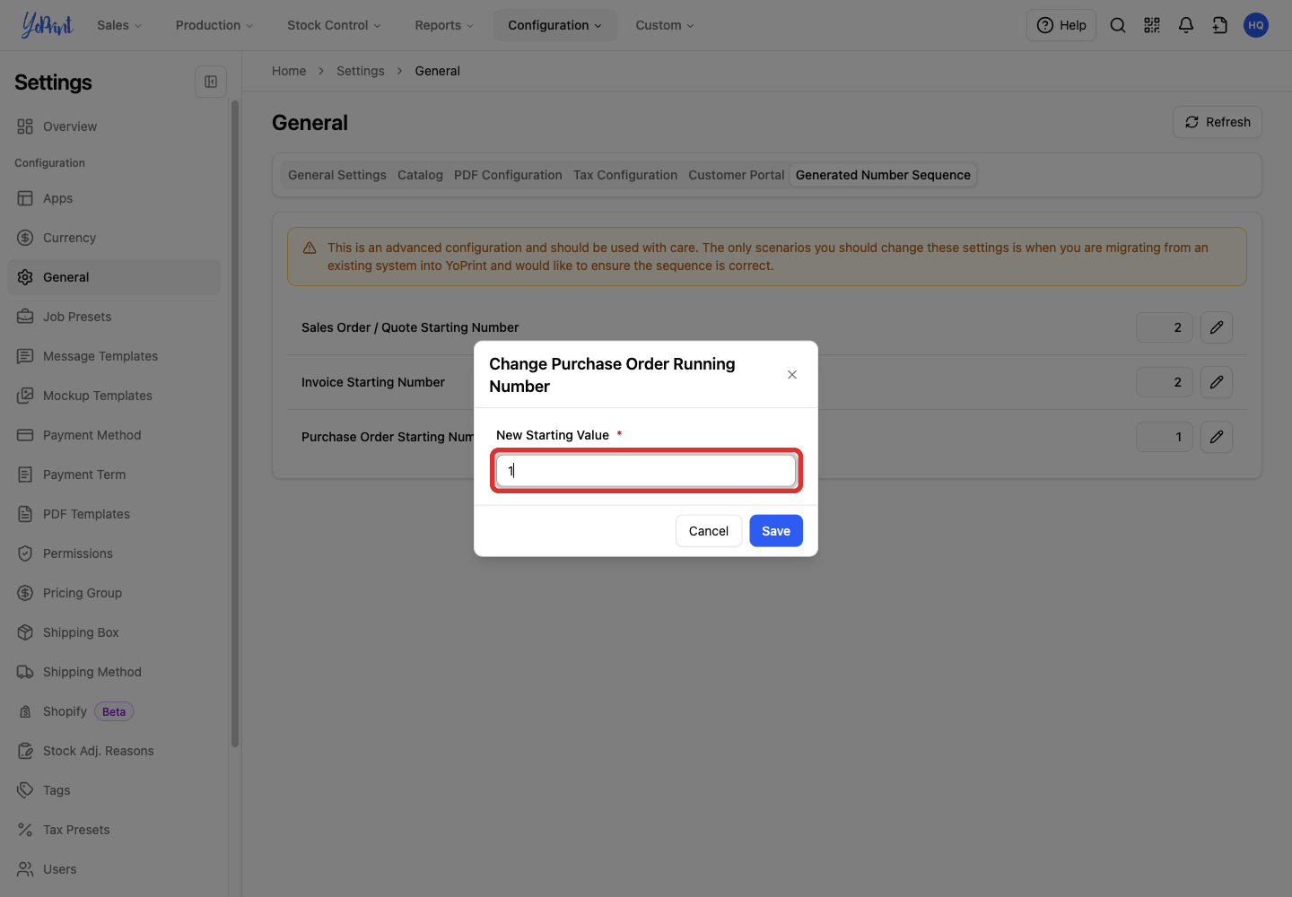 New Starting Value for purchase order numbers