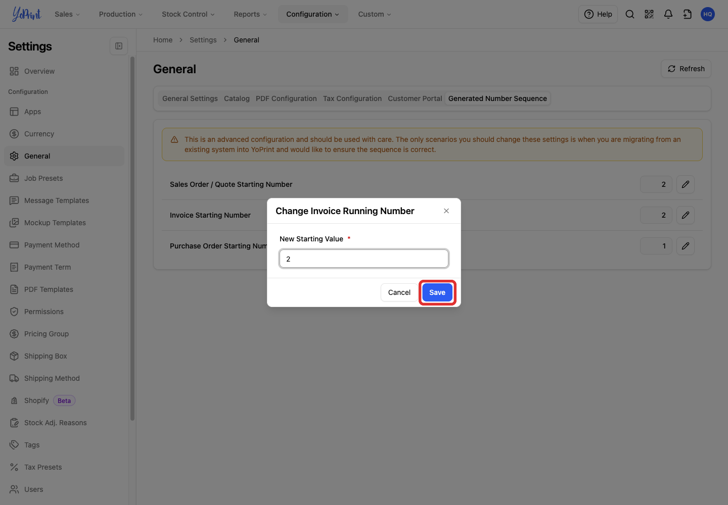 Save the invoice starting value