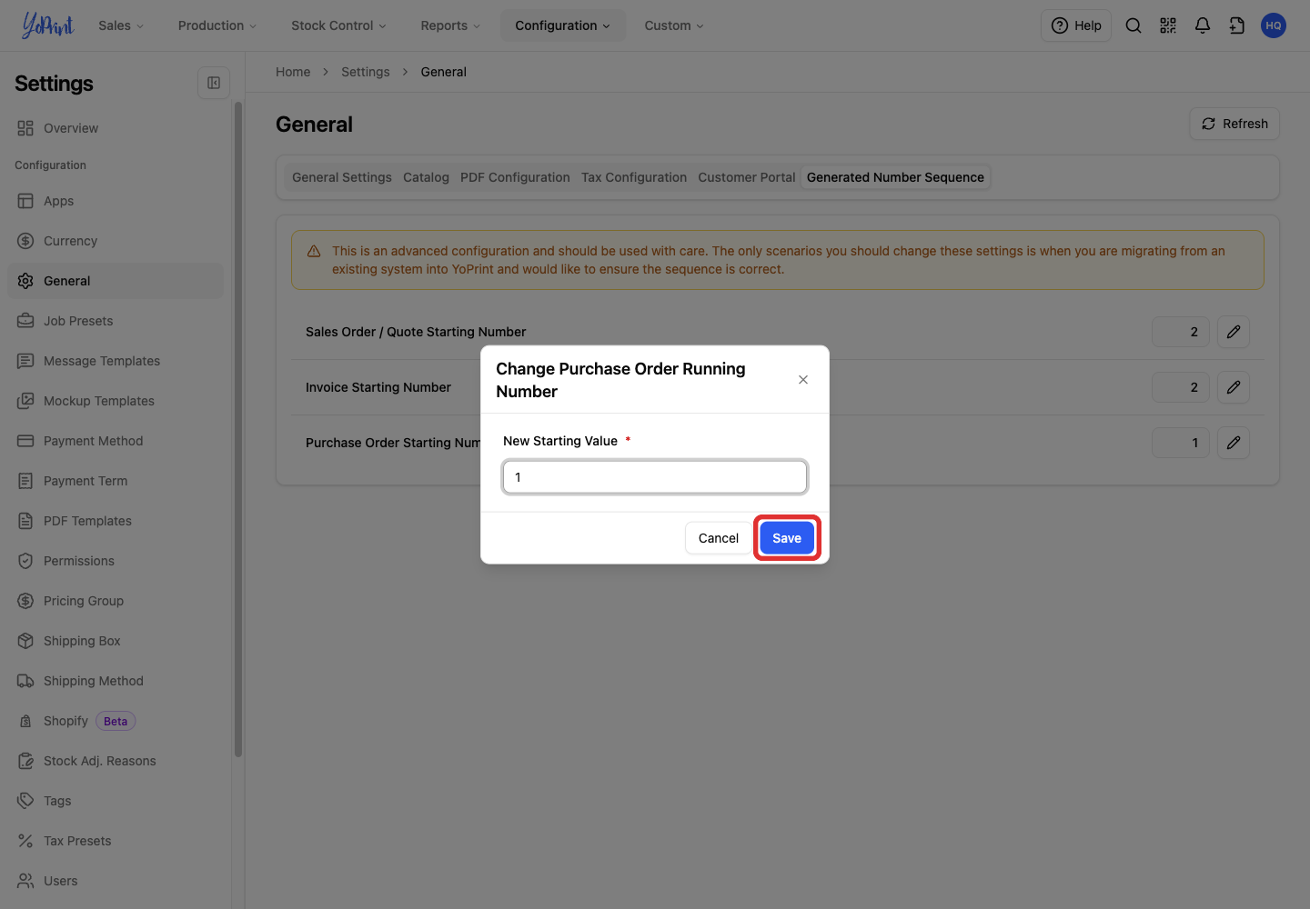 Save the purchase order starting value