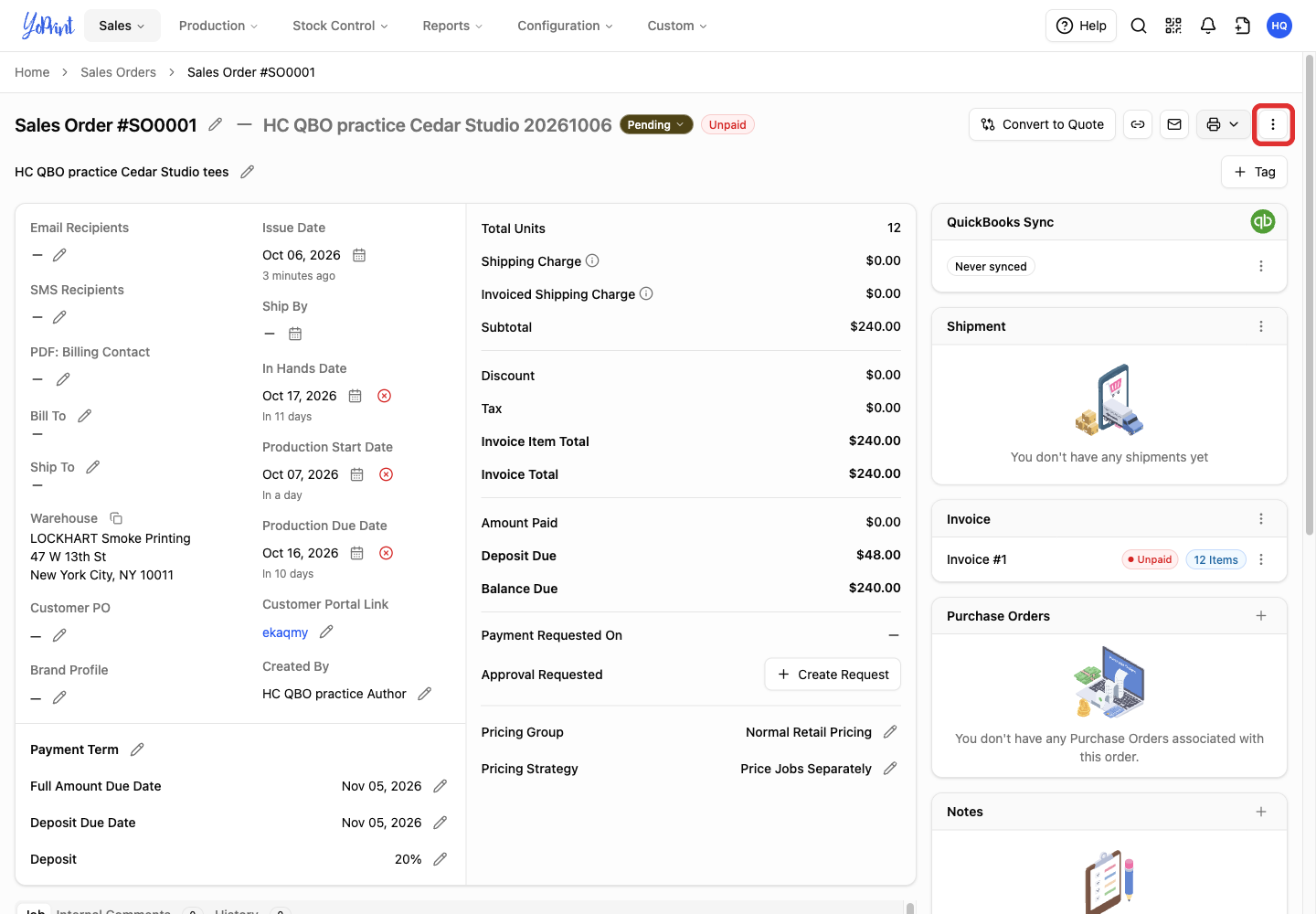 Quick Actions on the sales order
