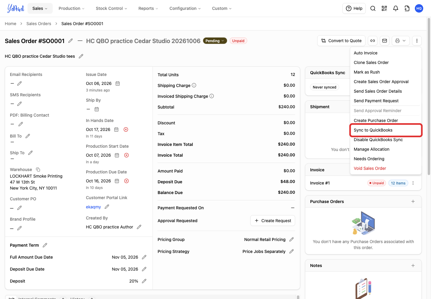 Sync to QuickBooks in Quick Actions