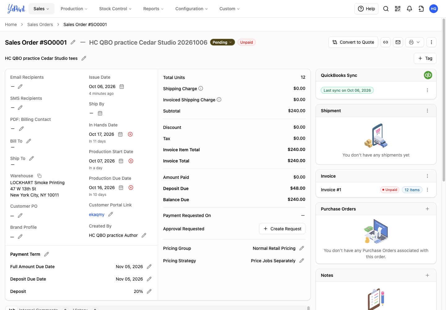 QuickBooks Sync panel after the invoice synced