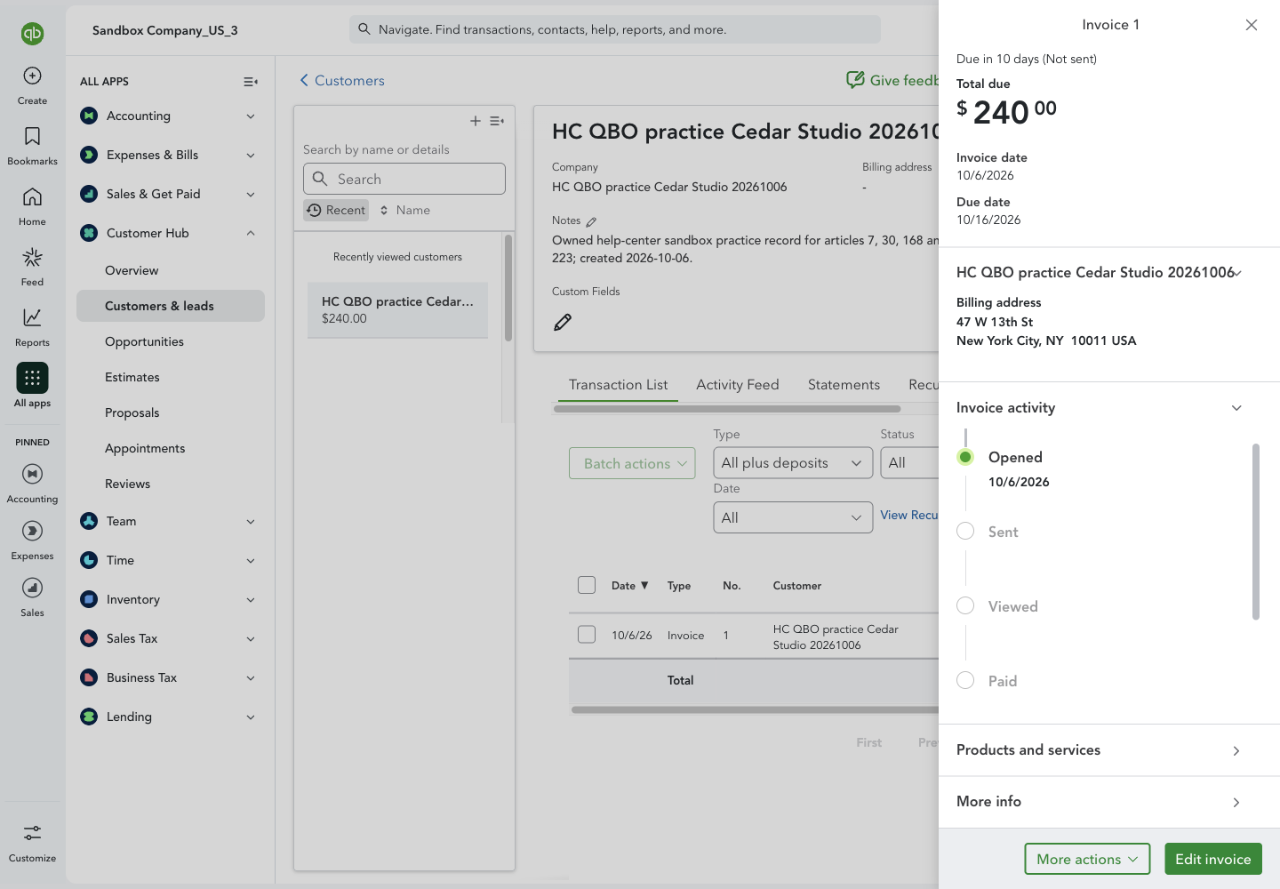 Synced invoice and its $240 total in QuickBooks