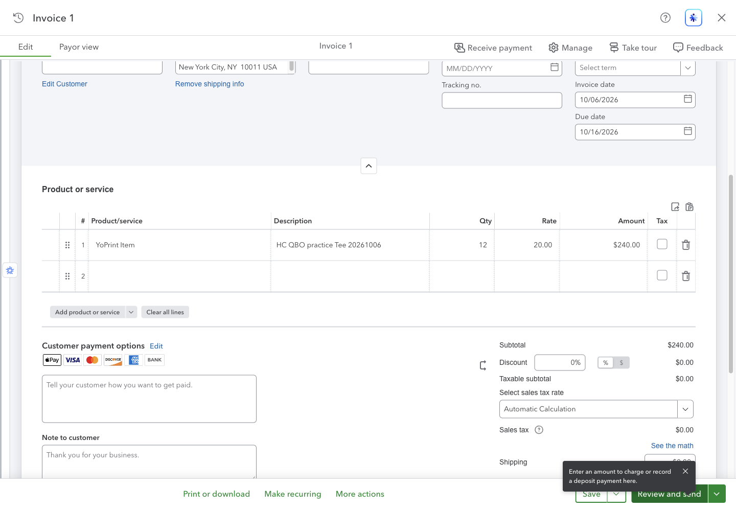 QuickBooks invoice with 12 items at $20 and the YoPrint description
