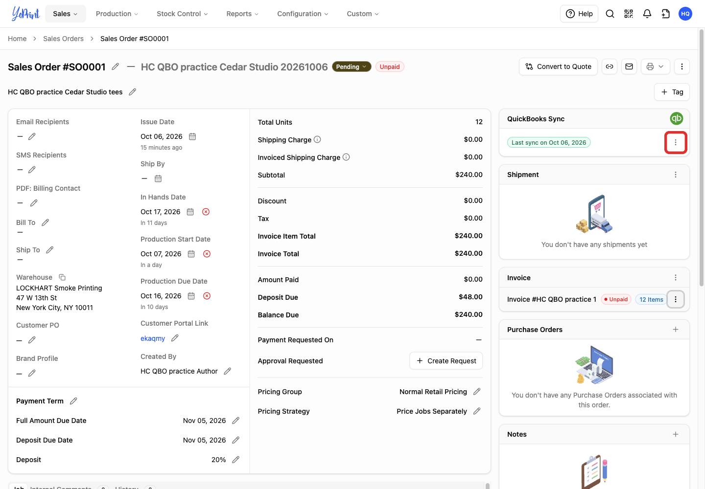 QuickBooks Sync menu trigger on the order